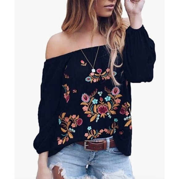 Black Floral Embroidered‎ Off Shoulder Long Sleeve Oversize Boho Top Blouse - Picture 5 of 9